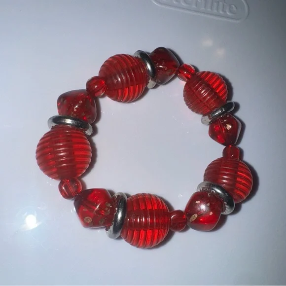 Stretch Bracelet Beaded  Red  Striped Chunky Slip On * Fashion Jewely - Picture 4 of 4